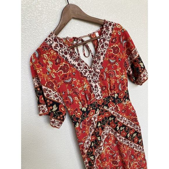 Xhilaration boho maxi dress kaftan red small long hippie beachy v-neck vacation - Picture 2 of 7
